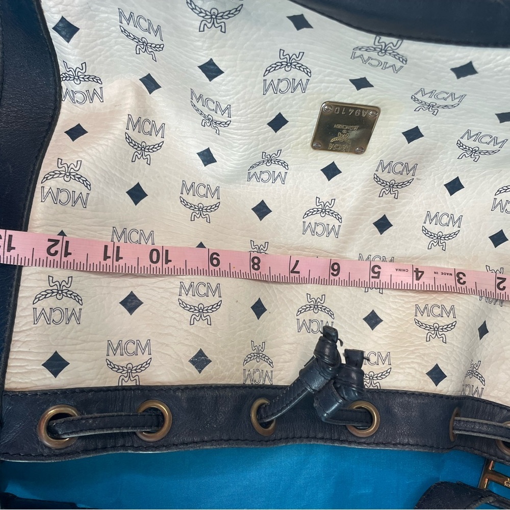 MCM White and Blue Monogram Drawstring Bucket Shoulder Bag - Picture 11 of 14